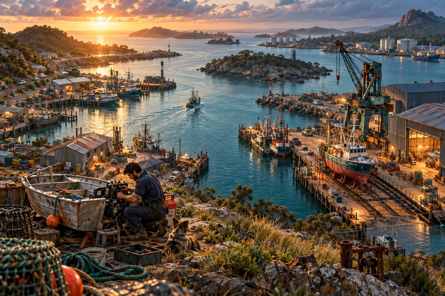 An invented harbour with slipways, channels and an old crane