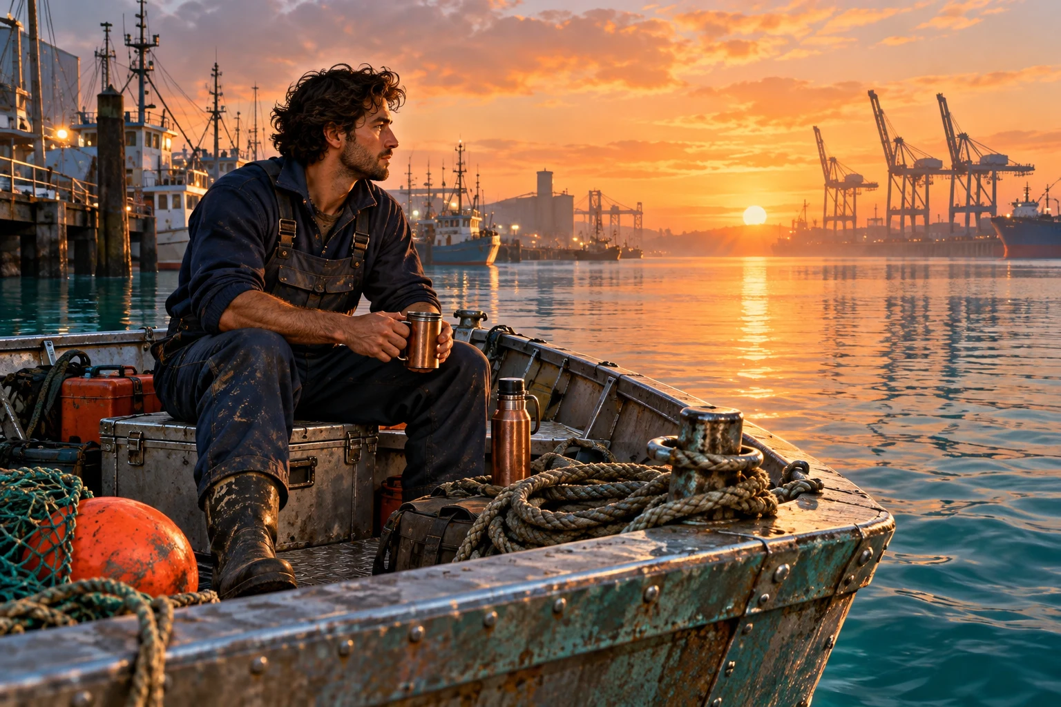 Riveted boat bow, rope coil and copper thermos at dawn